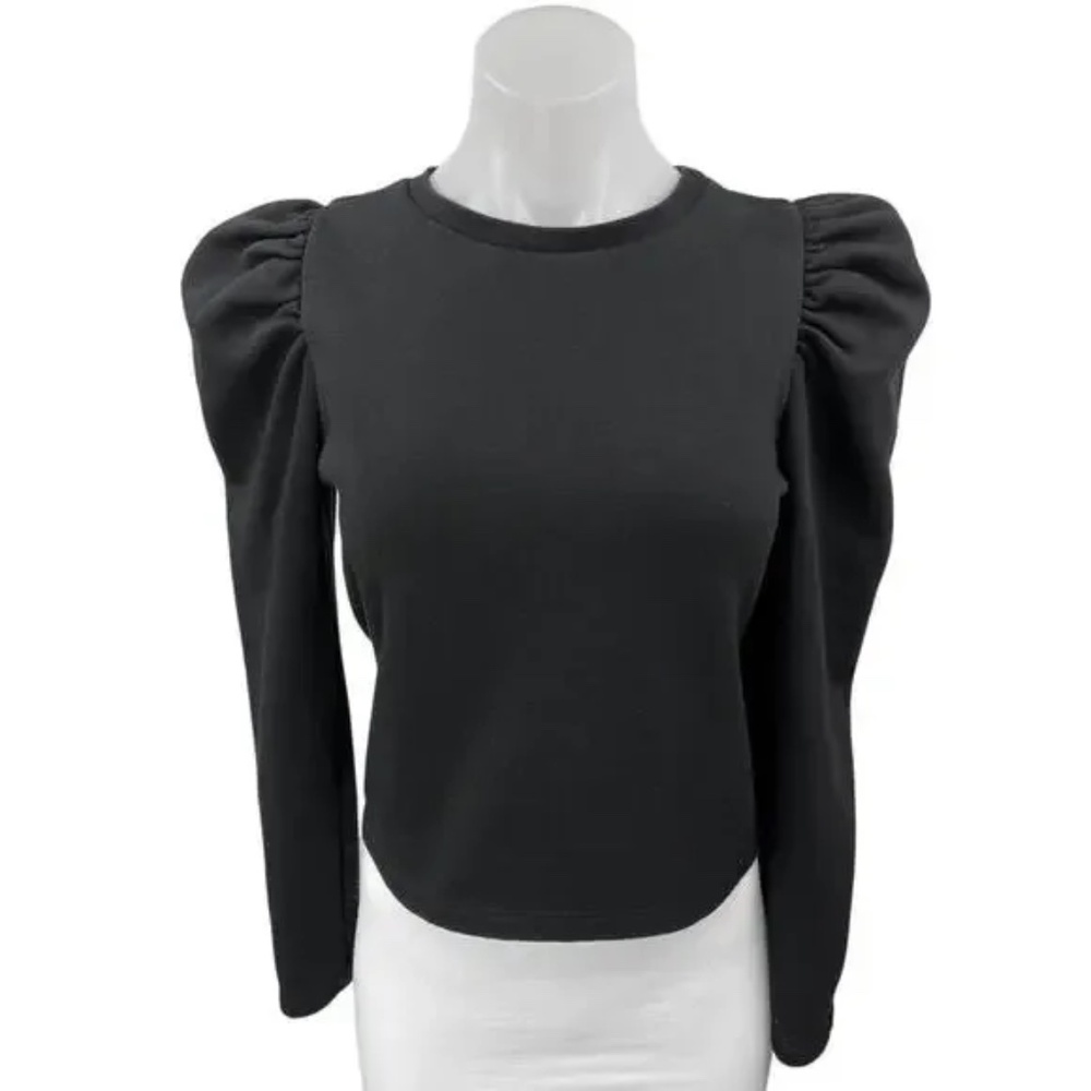 Zara Black Long Sleeve Crew Neck Pullover Sweater Puff Shoulder